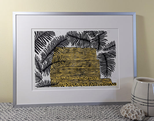 Backyard Steps linocut print framed
