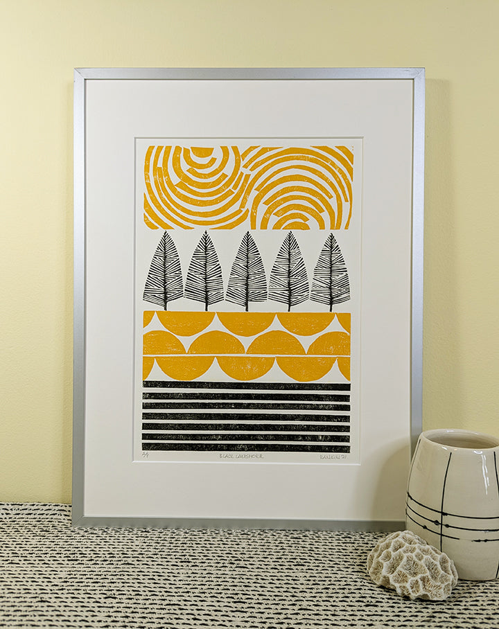 Black Landscape collagraph print framed