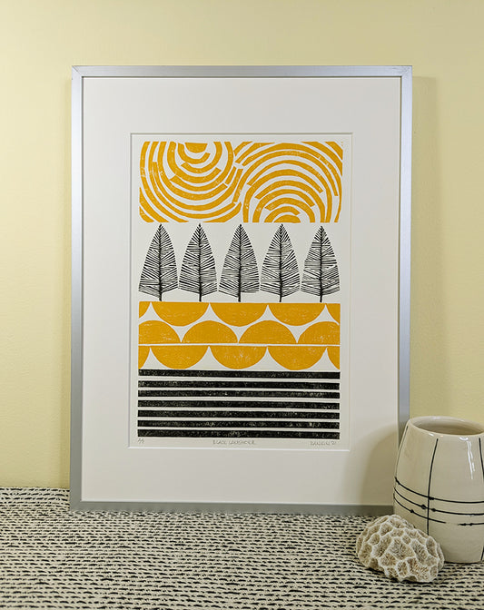 Black Landscape collagraph print framed