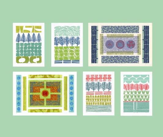 Set of six collagraph print on a green background