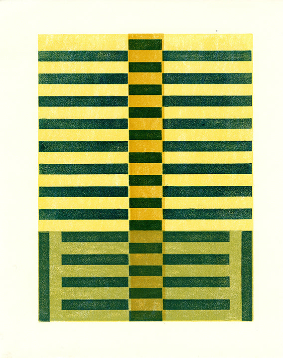 Building facade with green striped pattern on a yellow background