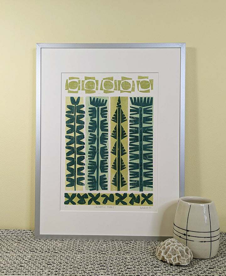 Geometric Forest 1 collagraph print framed