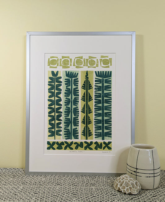 Geometric Forest 1 collagraph print framed