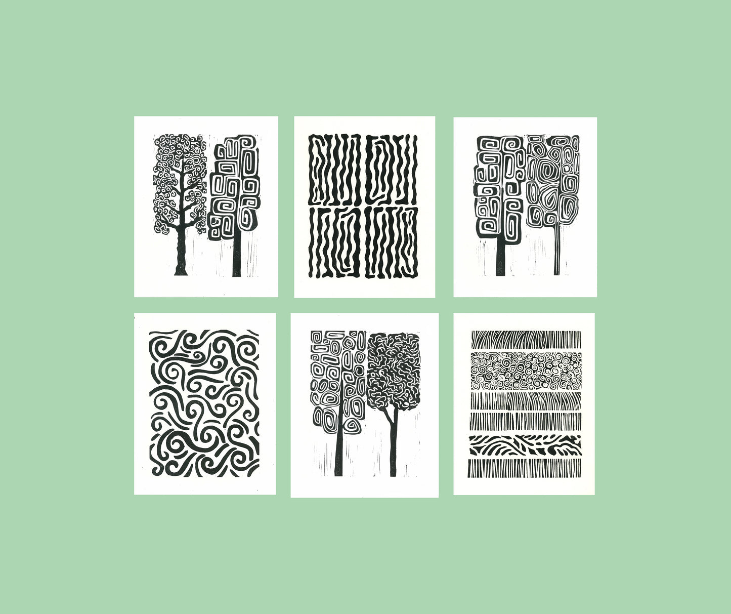 Set of six black and white linocut prints on a green background