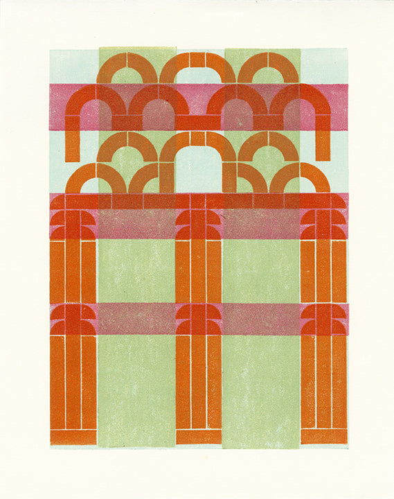 An abstract geometric art print featuring orange arches and columns over a light green and pink striped background, set against a cream paper border.