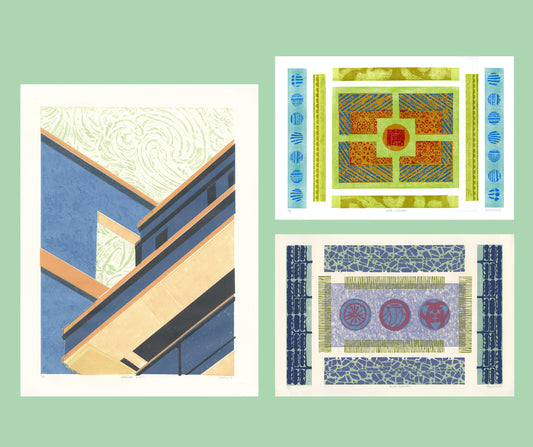 Three geometric prints on a green background