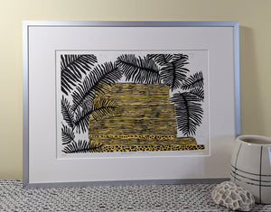 Backyard Steps linocut print framed