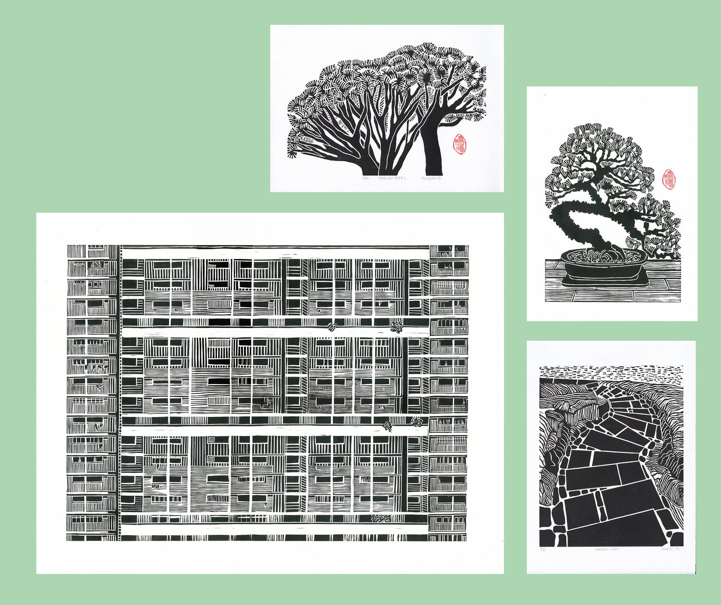 Gallery wall of four black and white linocut prints