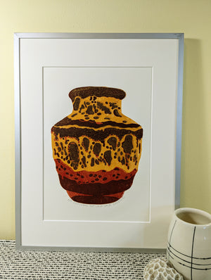 Carstens Fat Lava Vase reduction linocut framed