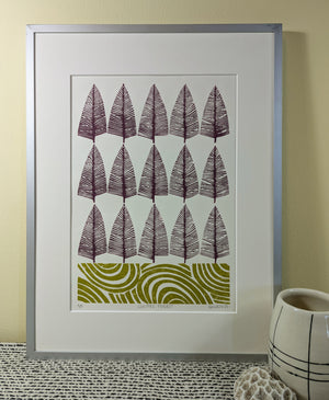 Conifer forest collagraph linocut print framed