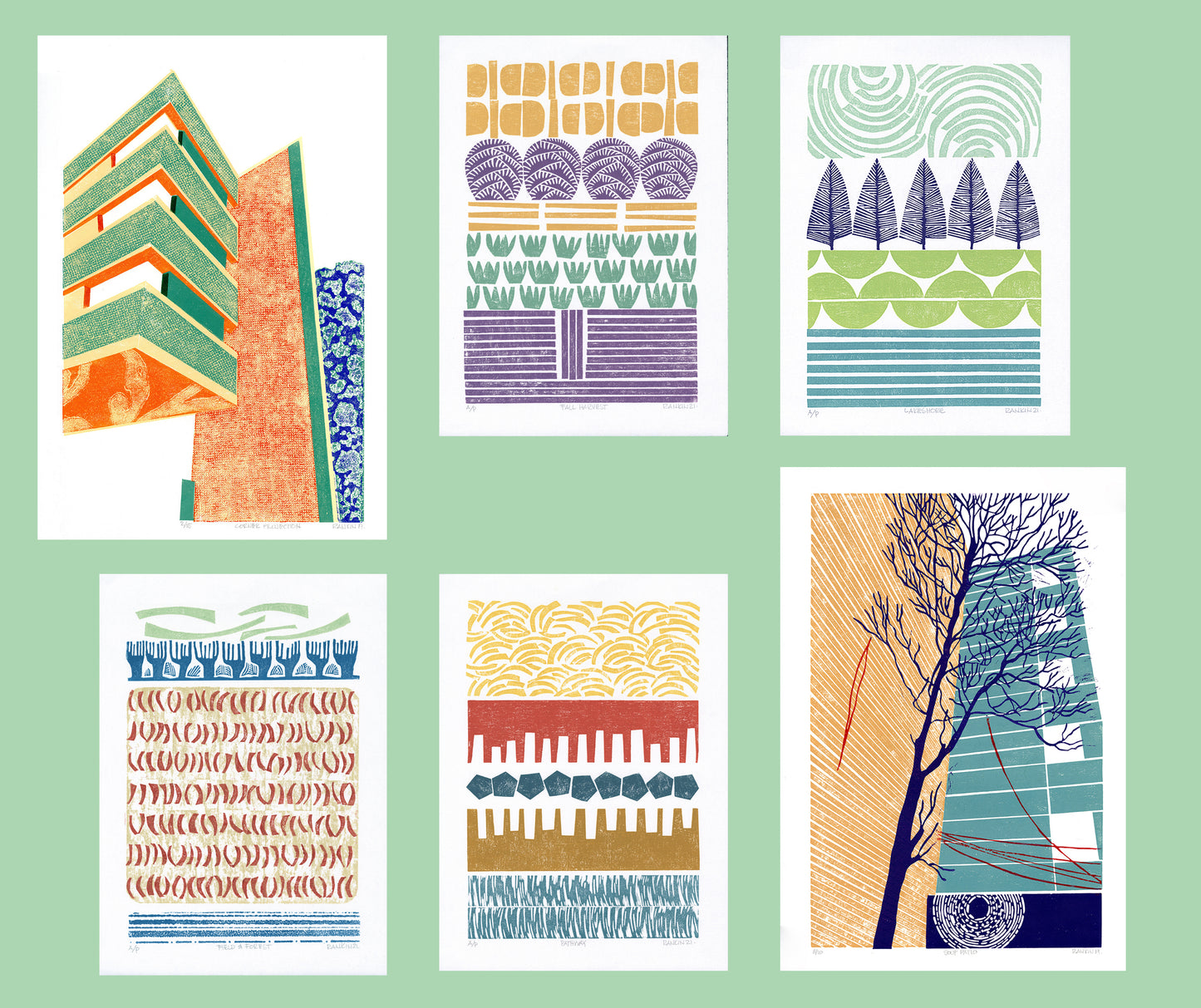 Set of six colorful abstract prints on a green background