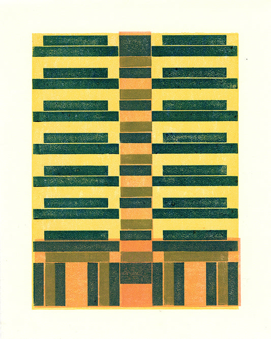 Building with geometric pattern of green  stripes on a yellow and pink background