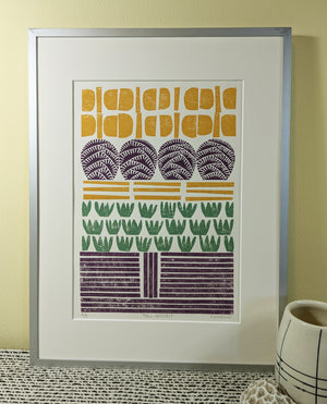 Fall Harvest collagraph linocut print framed