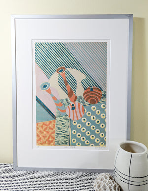 Hall Table collagraph print framed