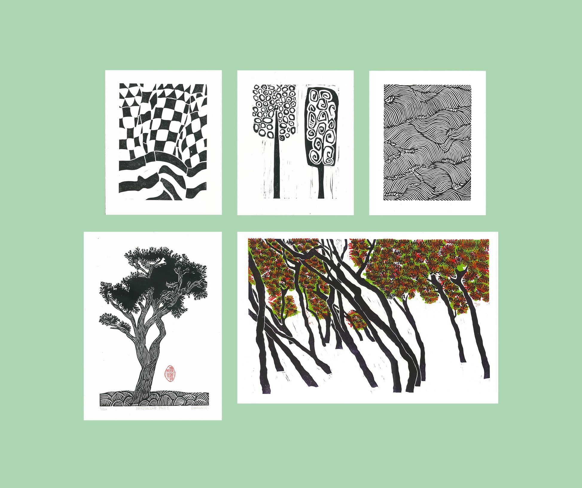 Gallery wall of linocut prints