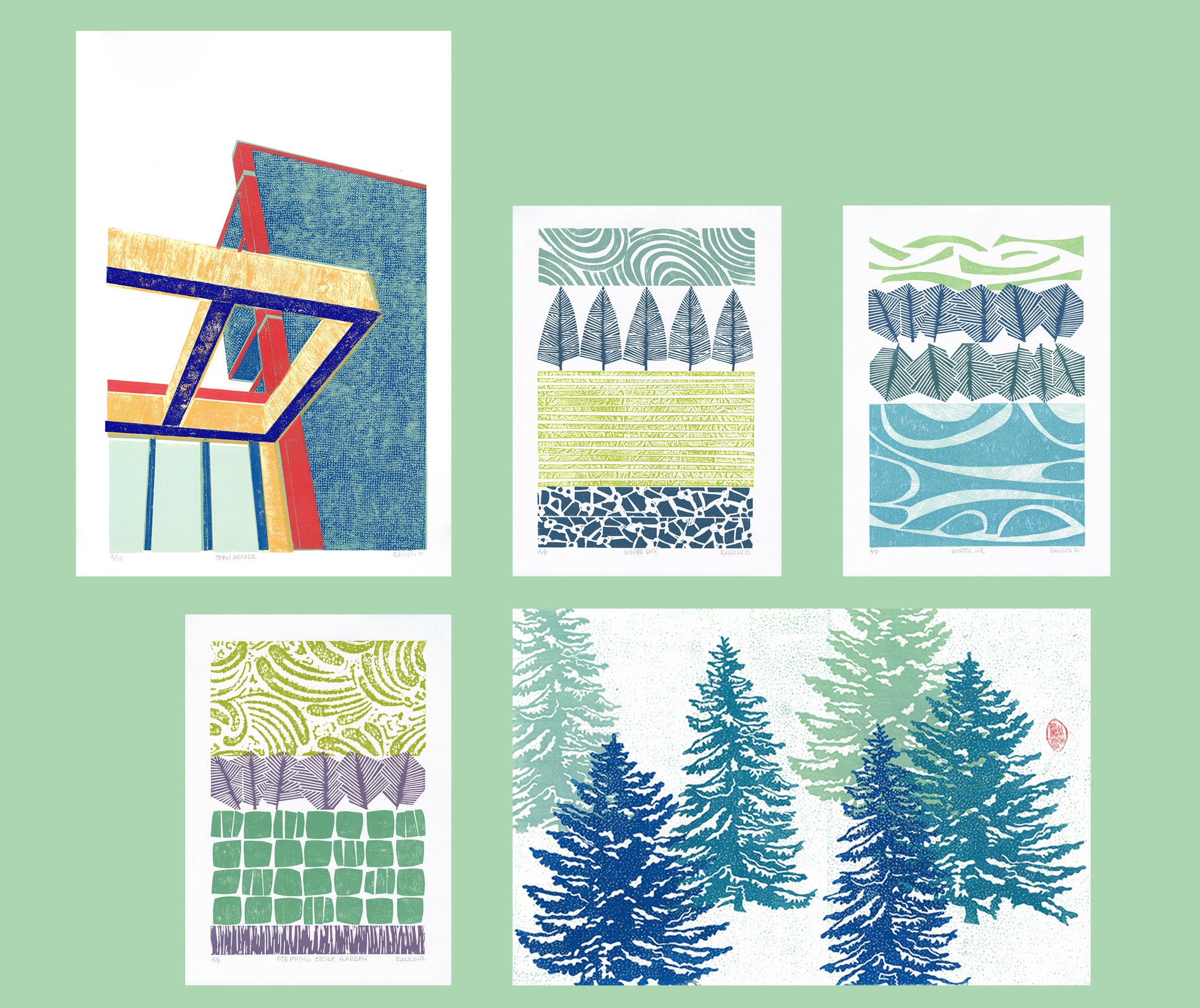 A group of five collagraph prints on a green background.