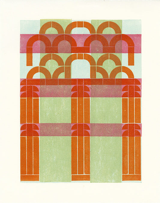 An abstract geometric art print featuring orange arches and columns over a light green and pink striped background, set against a cream paper border.