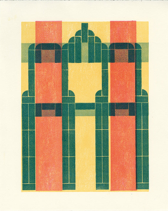 An abstract geometric art print featuring a symmetrical design with coral red, dark green, and pale yellow blocks on a cream background.