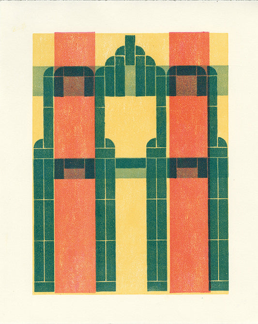 An abstract geometric art print featuring a symmetrical design with coral red, dark green, and pale yellow blocks on a cream background.