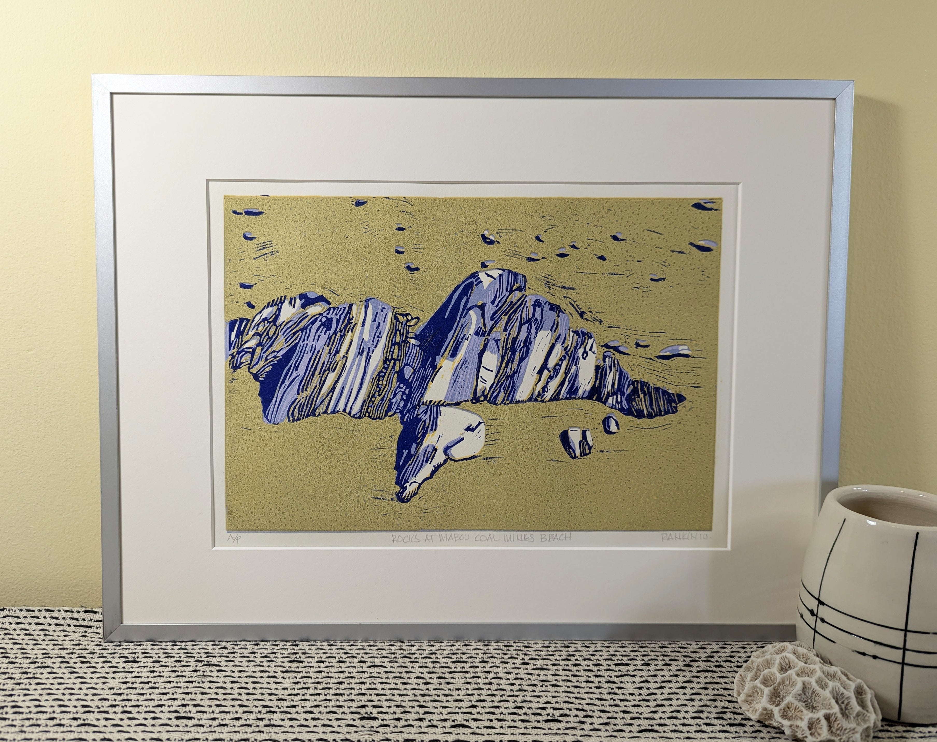 Rocks at Mabou Coal Mines Beach reduction linocut framed