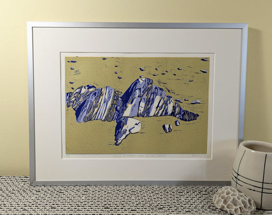 Rocks at Mabou Coal Mines Beach reduction linocut framed