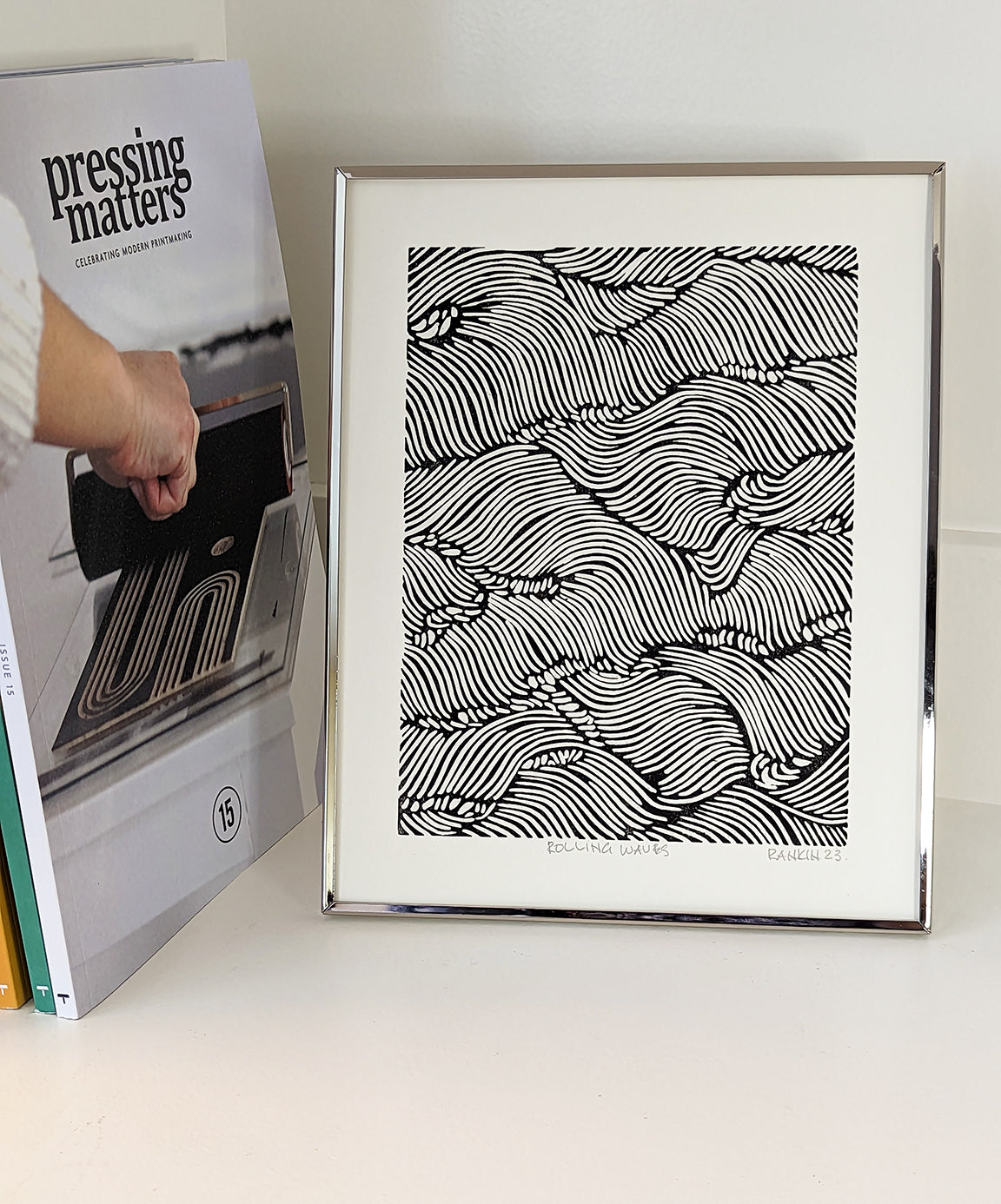 Rolling Waves linocut framed