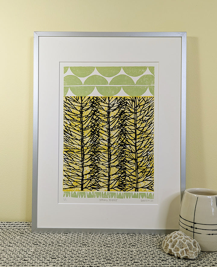 Spring Forest collagraph print framed