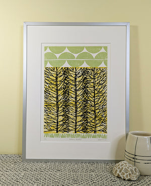 Spring Forest collagraph print framed