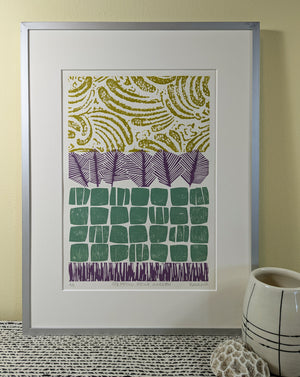 Stepping Stone Garden collagraph linocut print framed