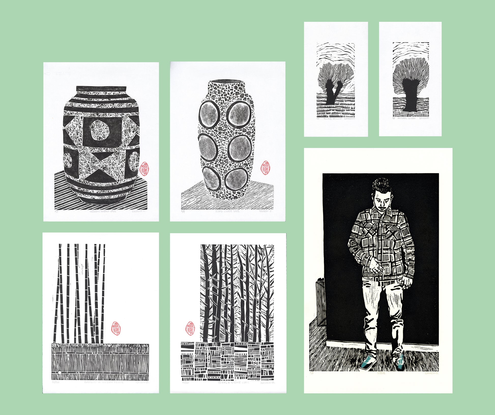 Set of black and white illustrations on a green background