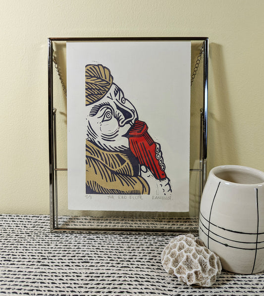 The Red Flute linocut print frames