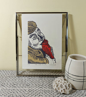 The Red Flute linocut print frames