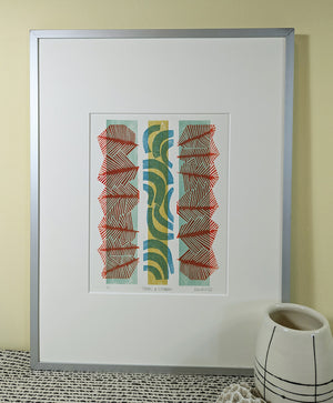 Trees and Stream linocut collagraph print framed