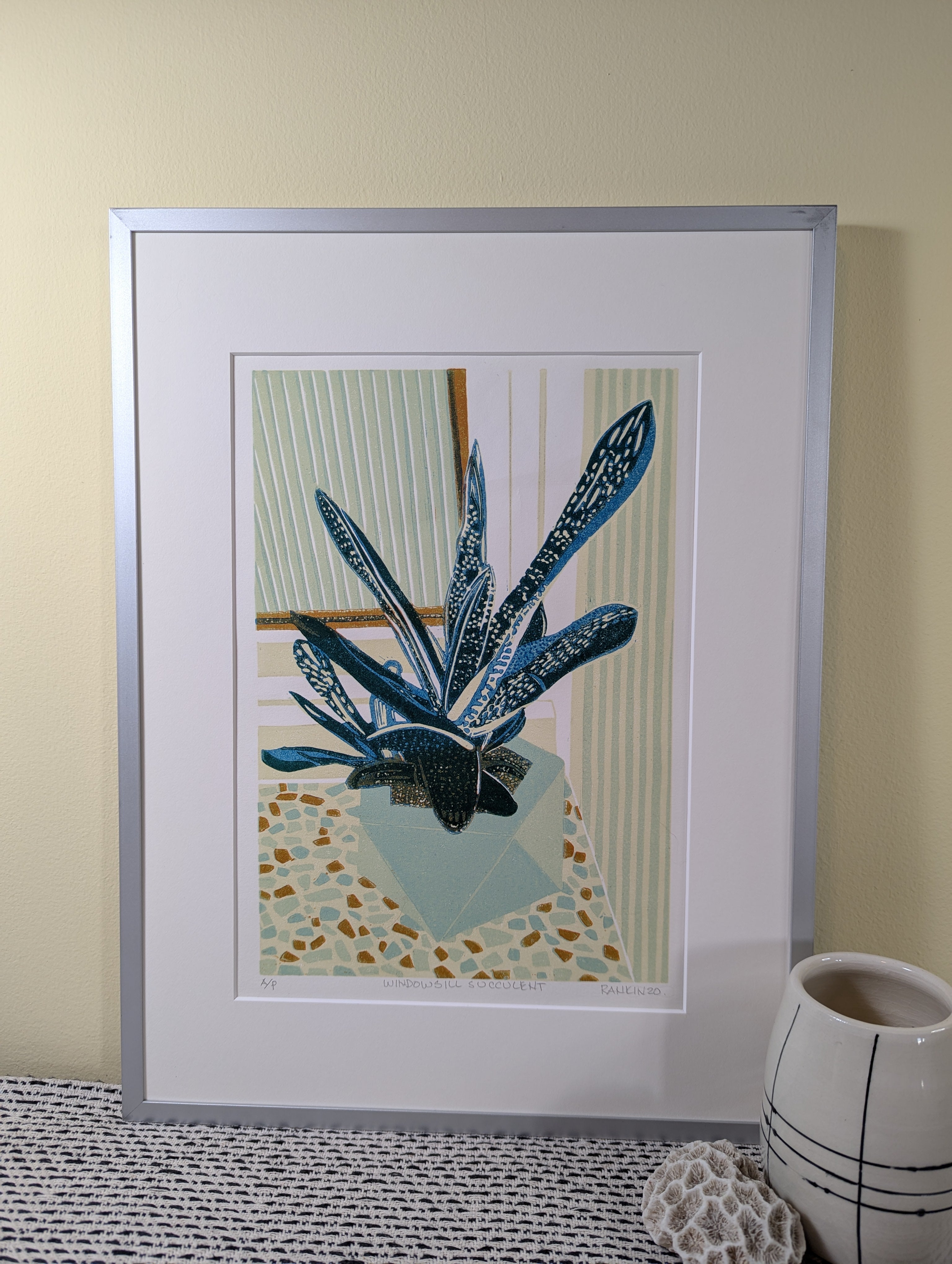 Windowsill Succulent reduction linocut framed