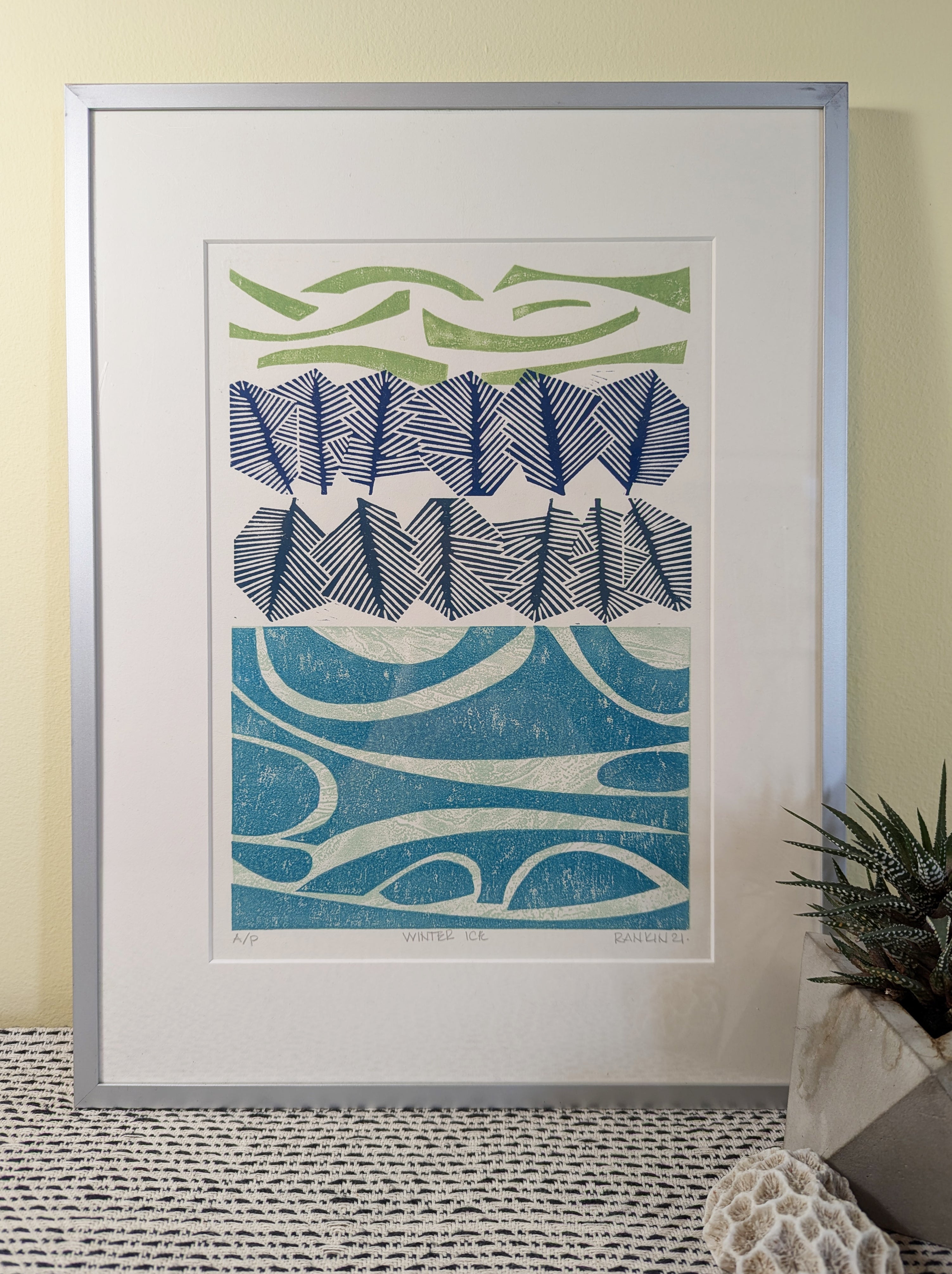 Winter Ice collagraph print framed