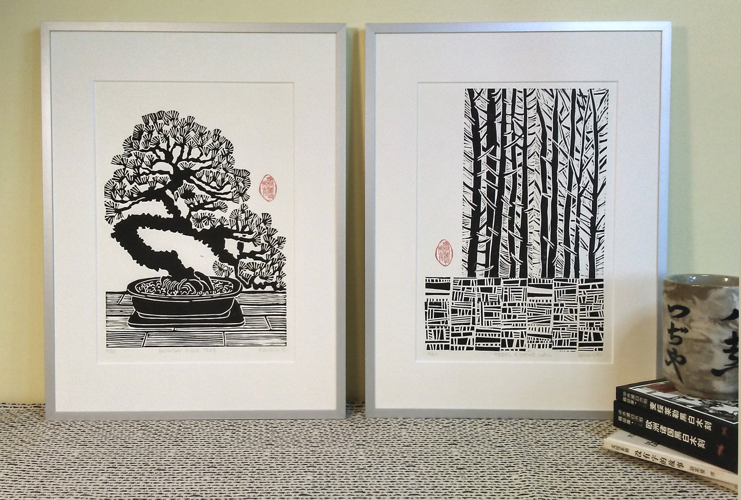 Bonsai Pine & Forest & Stone Wall Framed