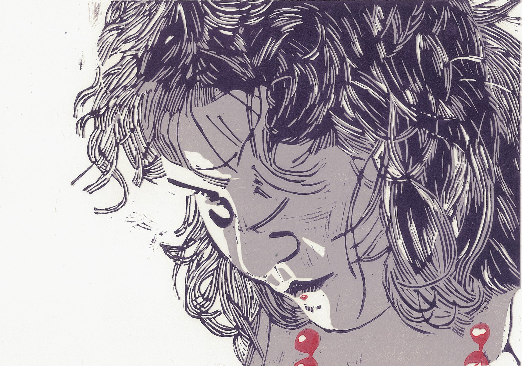 Red Bead Necklace Linocut Print 13"x9"