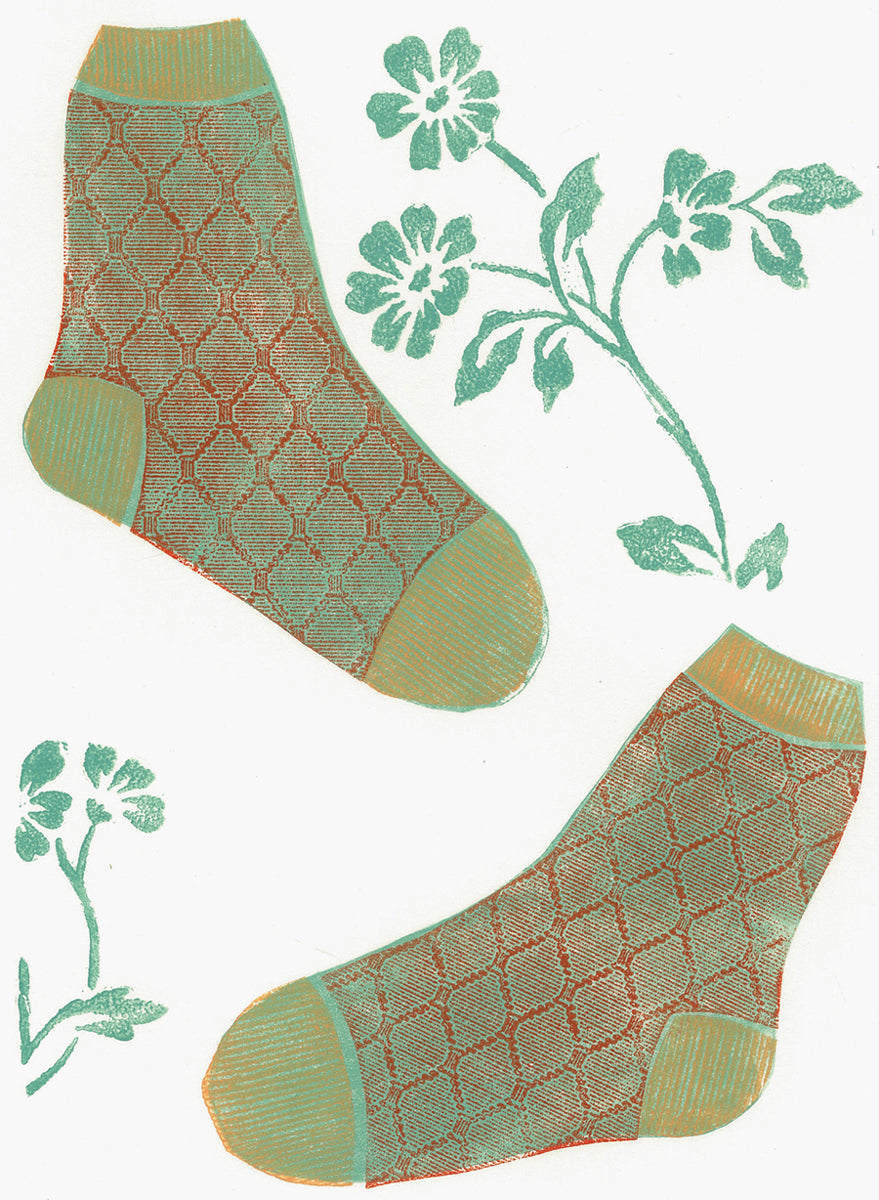 Ingrid's New Golf Socks 9"x13" Collagraph Print