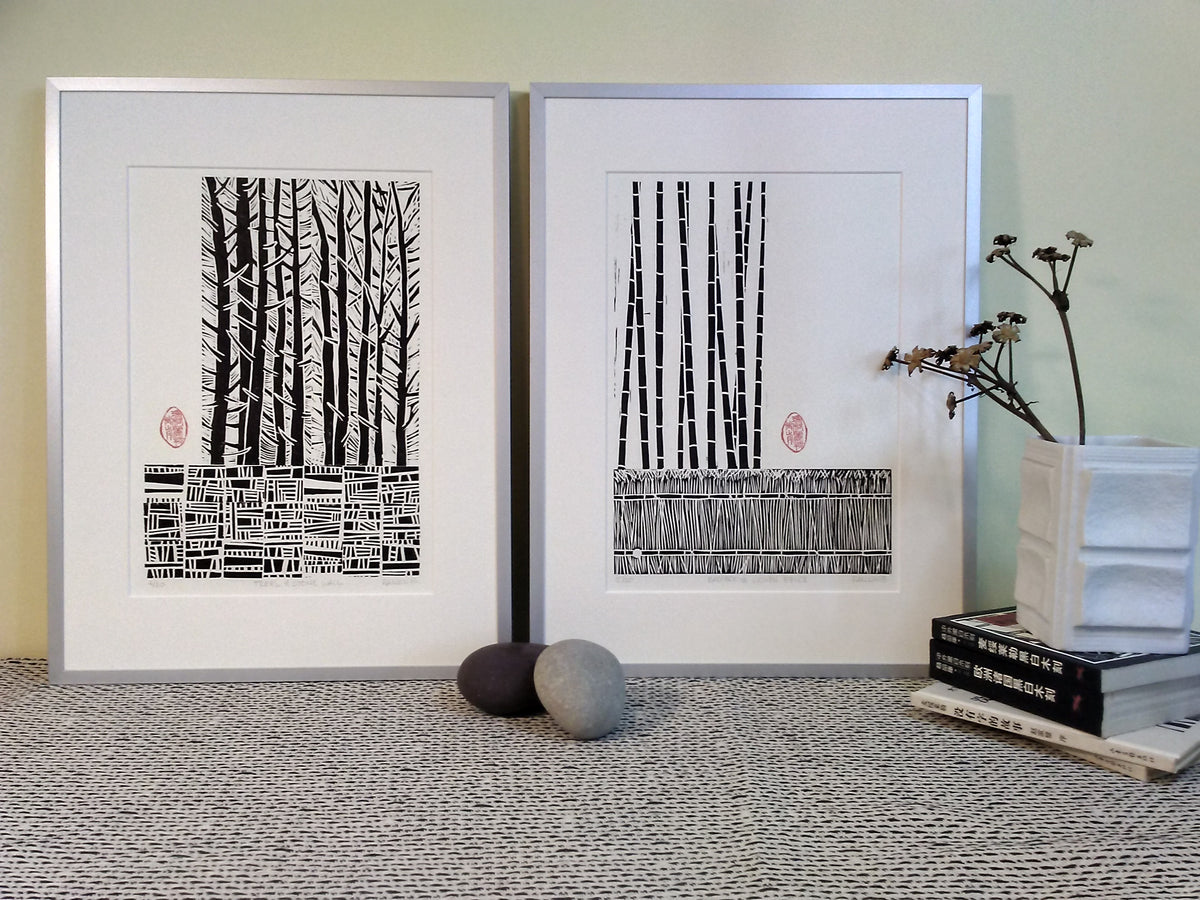 Forest Linoprint - Linoleum Block Tree Print -TREES and STONE WALL by ...