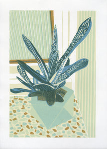WINDOWSILL SUCCULENT Reduction Linoprint - Colorful block print with mid century flair