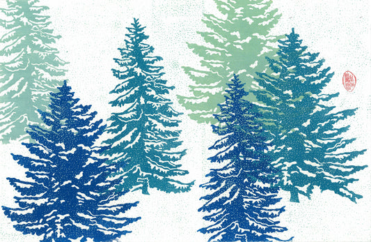 Winter Firs Linocut Print 19"x13"