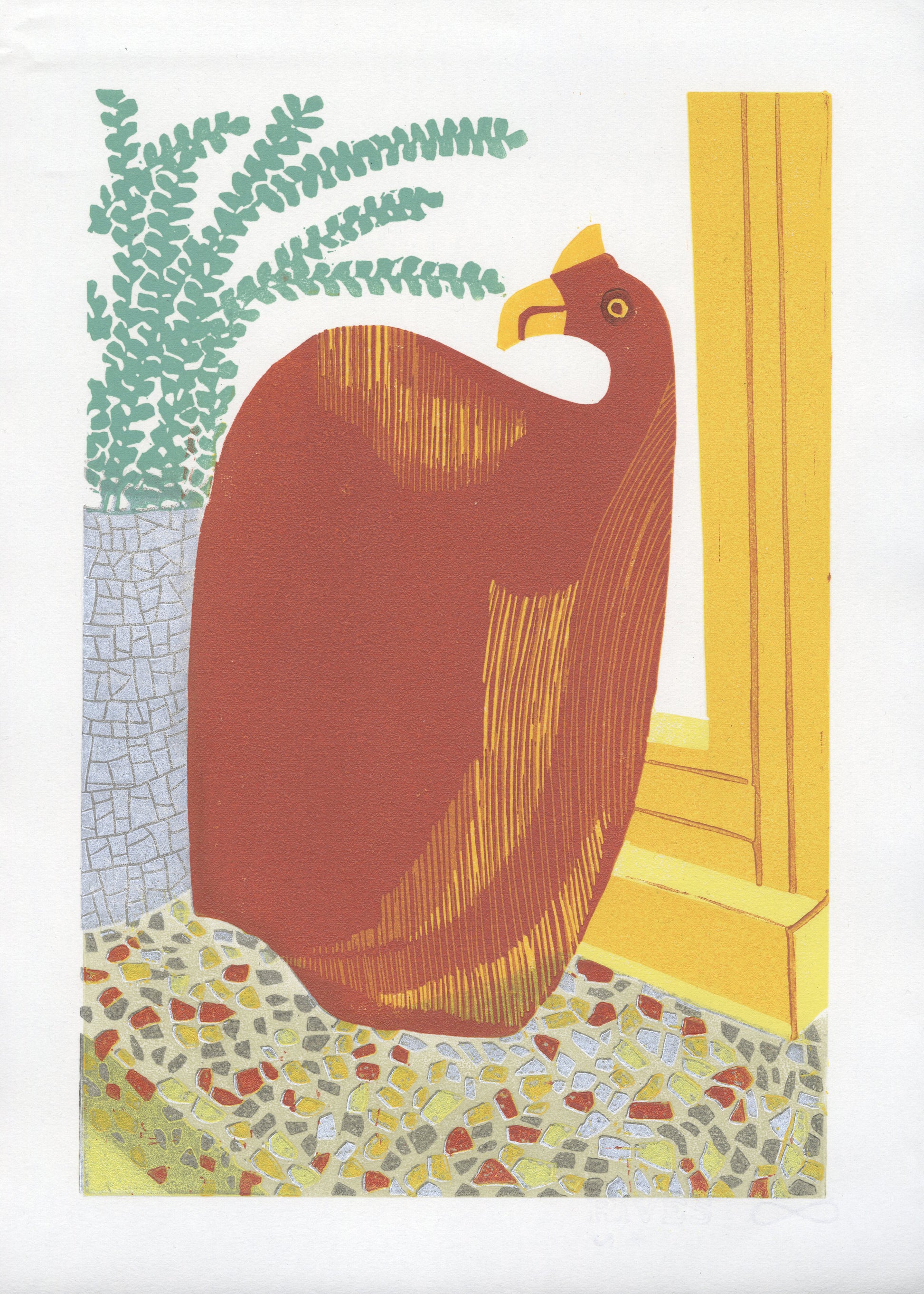 Wooden Bird 9"x13" Reduction Linocut Print